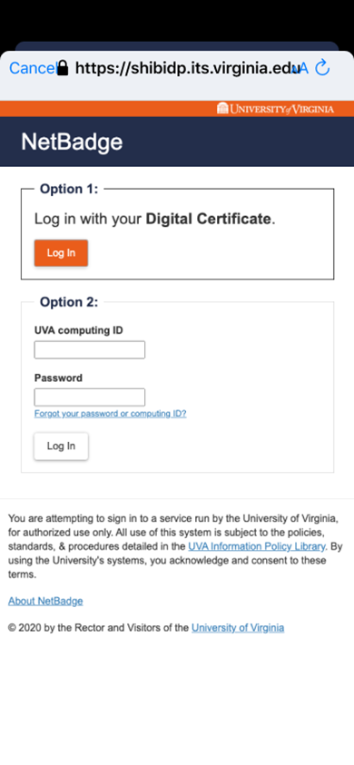 NetBadge screen with login via digital certificate or UVA computing ID and password